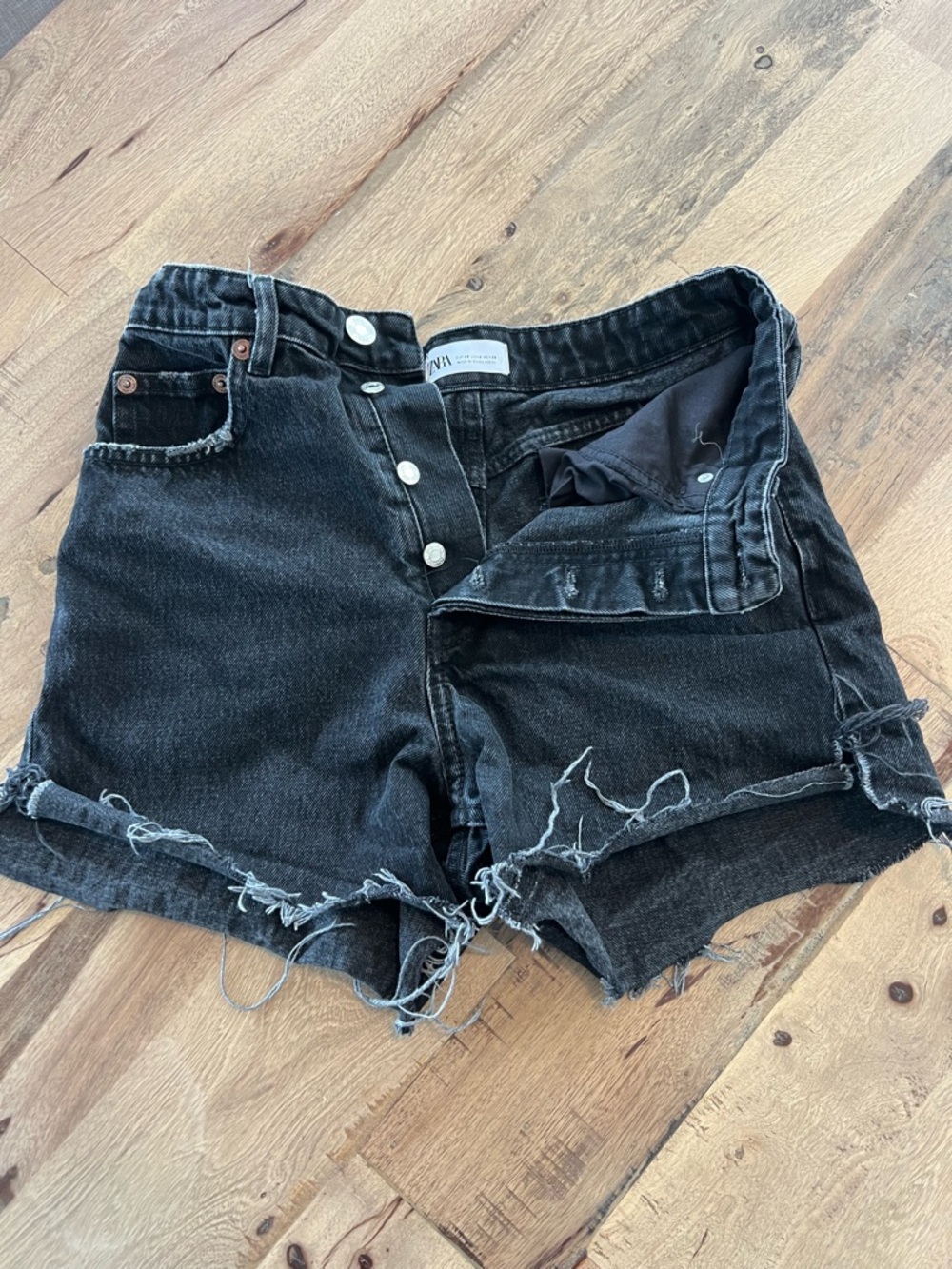 Zara Black Distressed Button-Fly Denim Shorts
